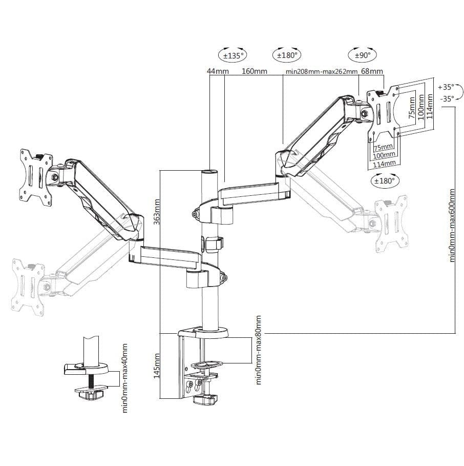 ProperAV 17" - 32" Gas Spring Dual Swing Arm Extra Height Desk Clamp PC Monitor Mount (VESA Max. 100x100)
