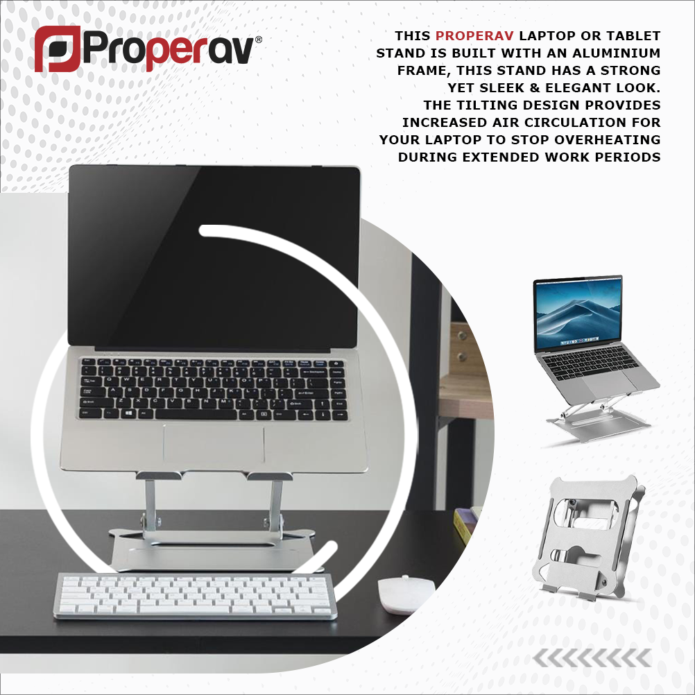 ProperAV Aluminium Construction Fully Adjustable Laptop or Tablet Stand - Silver - maplin.co.uk