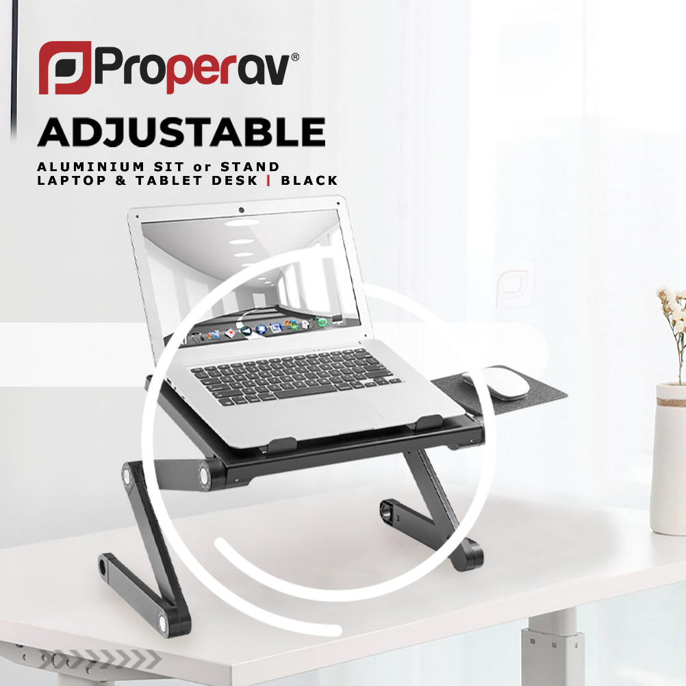 ProperAV Laptop, Tablet or Monitor Riser Stand with Extending Legs & Mouse Pad Side Mount - Black - maplin.co.uk