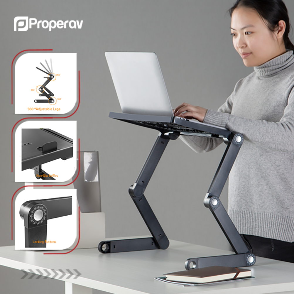 ProperAV Laptop, Tablet or Monitor Riser Stand with Extending Legs & Mouse Pad Side Mount - Black - maplin.co.uk