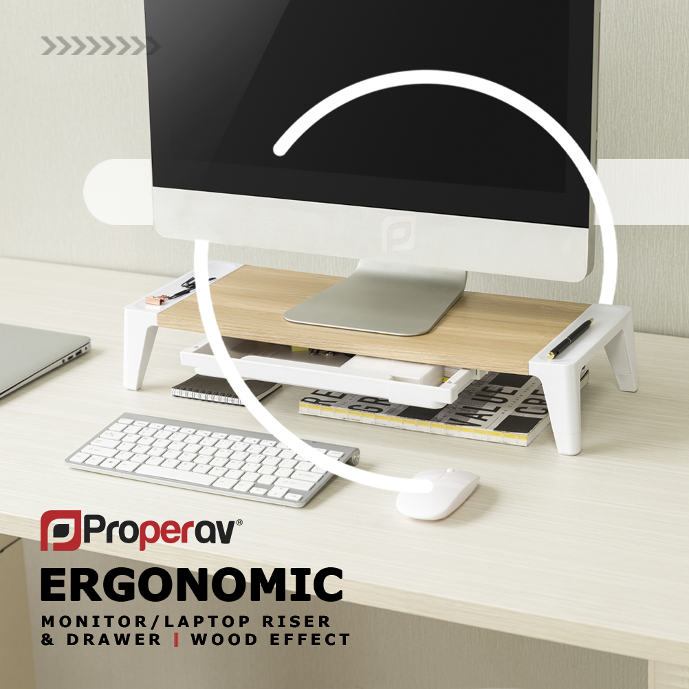 ProperAV Monitor Riser Stand with Height Adjustable with Drawer - Wood Effect - maplin.co.uk