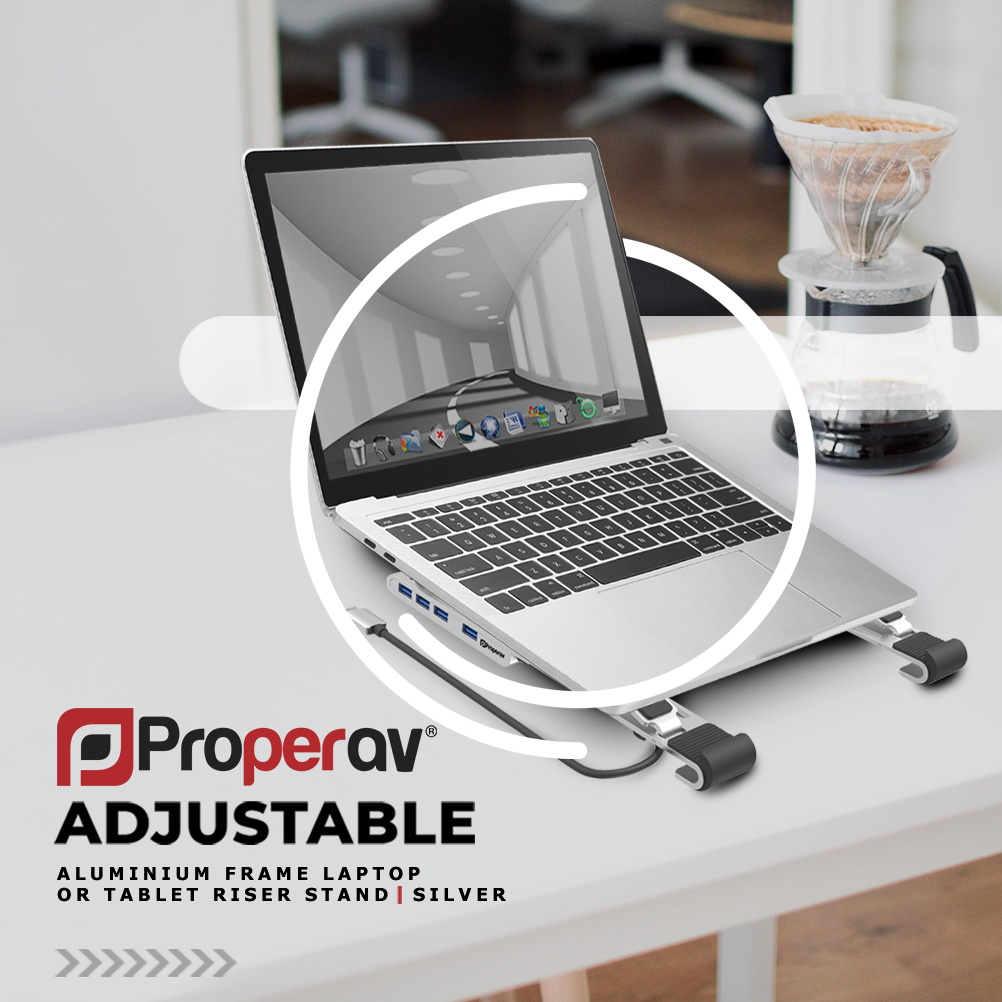 ProperAV Aluminium Portable Laptop or Tablet Stand with Built-in 100W USB-C Hub / 4 x USB-A Ports - Silver - maplin.co.uk