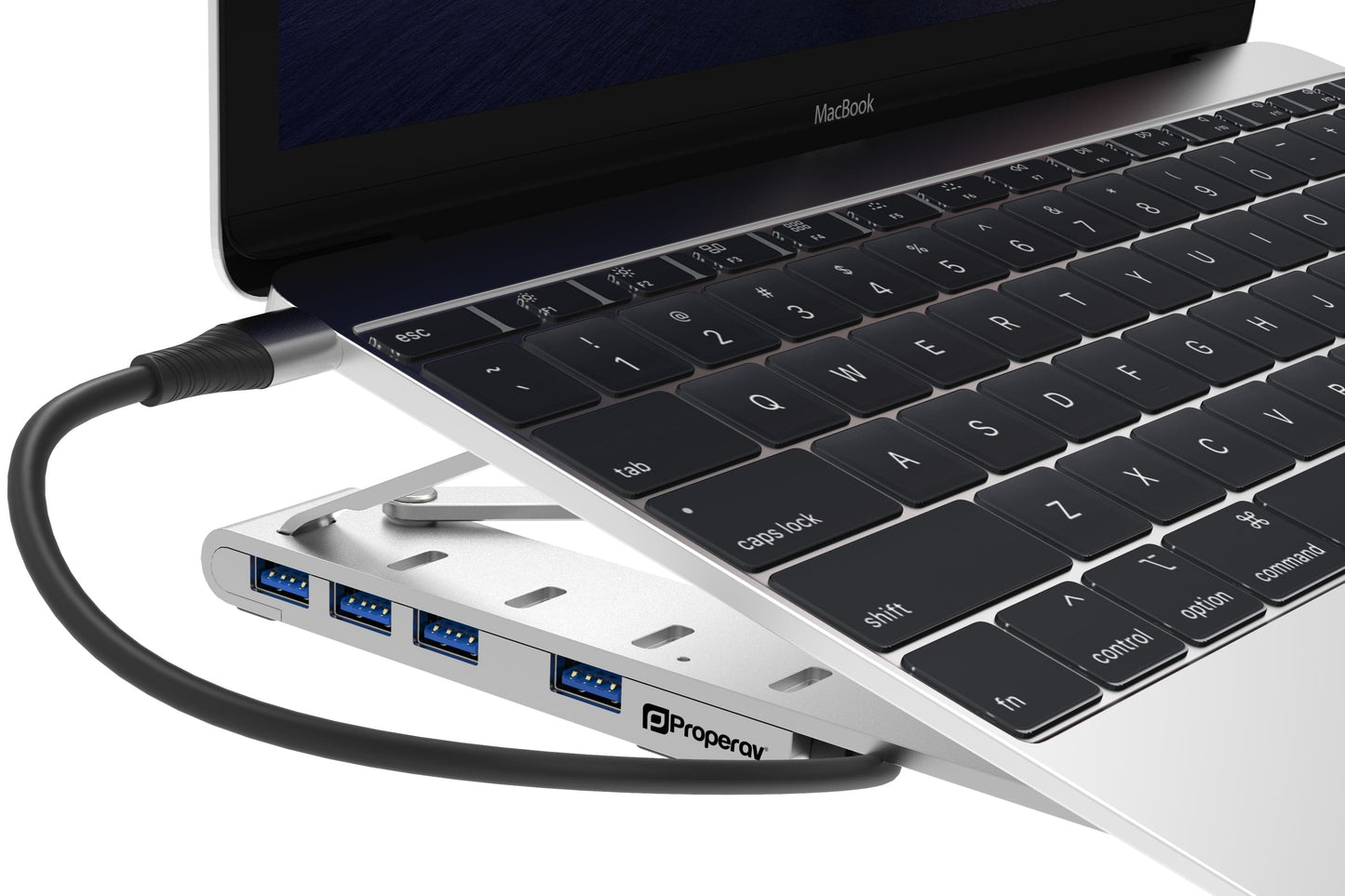 ProperAV Aluminium Portable Laptop or Tablet Stand with Built-in 100W USB-C Hub / 4 x USB-A Ports - Silver - maplin.co.uk