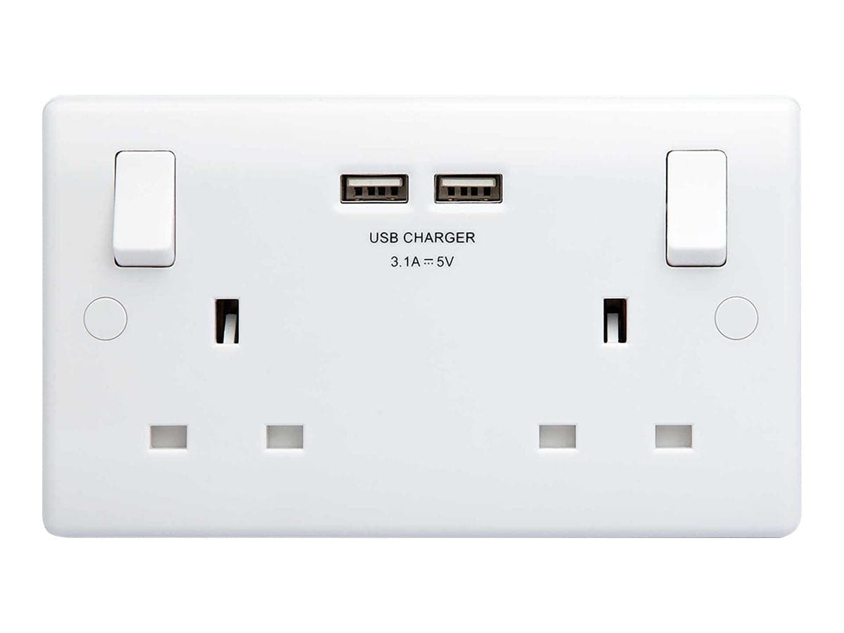 British General Round Edge 13A 2 Gang Switched Socket with 2x USB-A 3.1A - White - maplin.co.uk