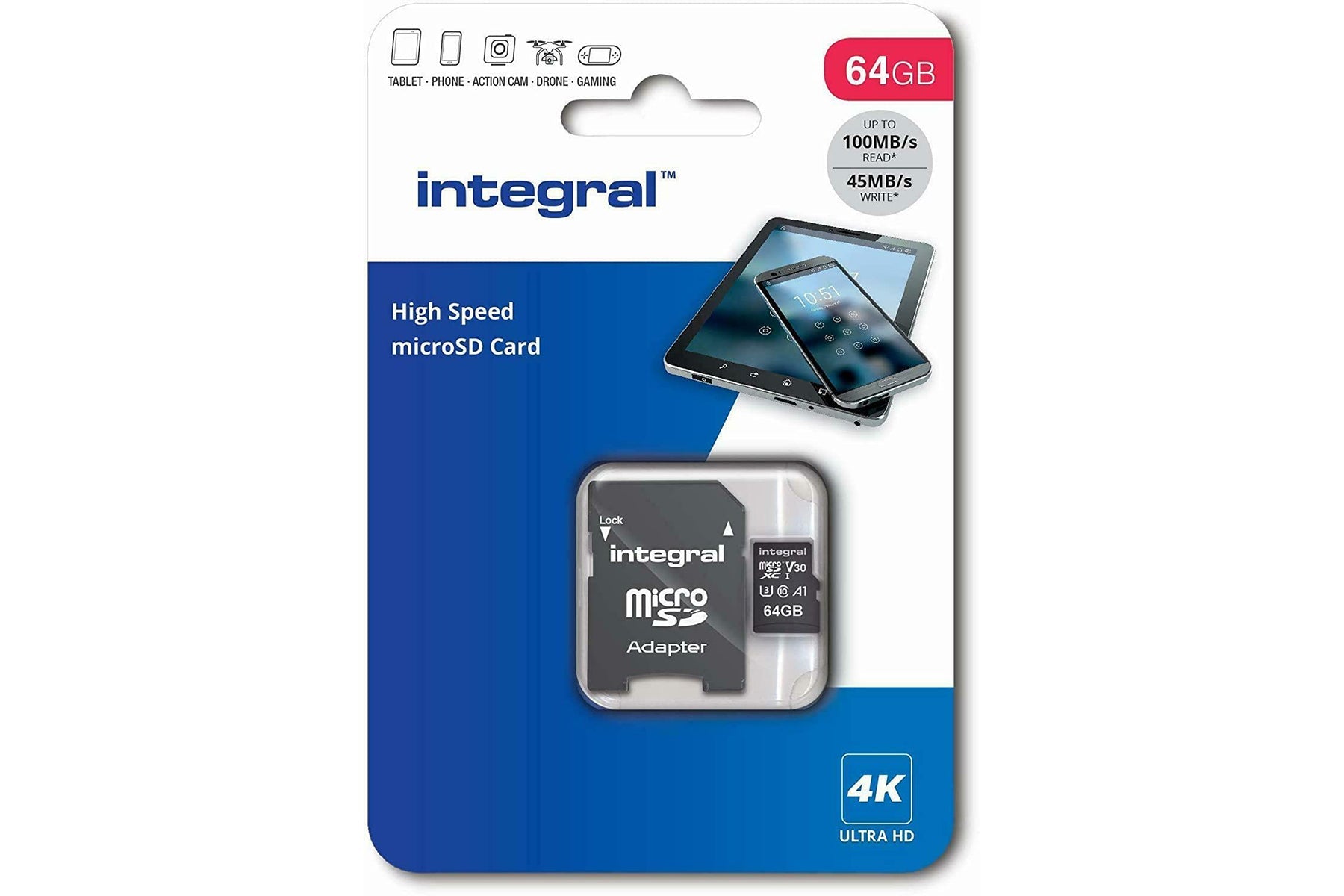 Integral 64GB High Speed V30 UHS-I U3 MicroSDHC/XC Memory Card with Adapter - maplin.co.uk