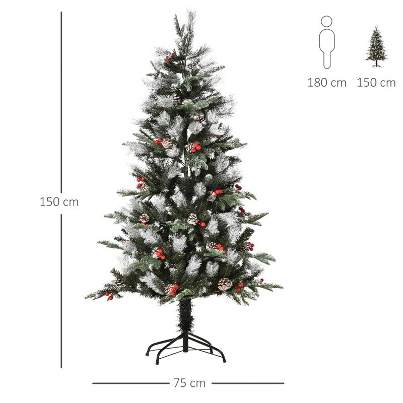 HOMCOM 5ft Snow Dipped Artificial Christmas Tree with Red Berries & White Pinecones - maplin.co.uk