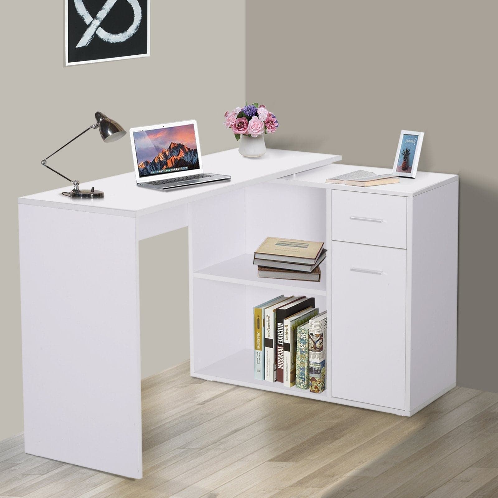 ProperAV Extra Rotating L-Shaped Corner Computer Desk with Storage Shelf Drawer Combo - maplin.co.uk