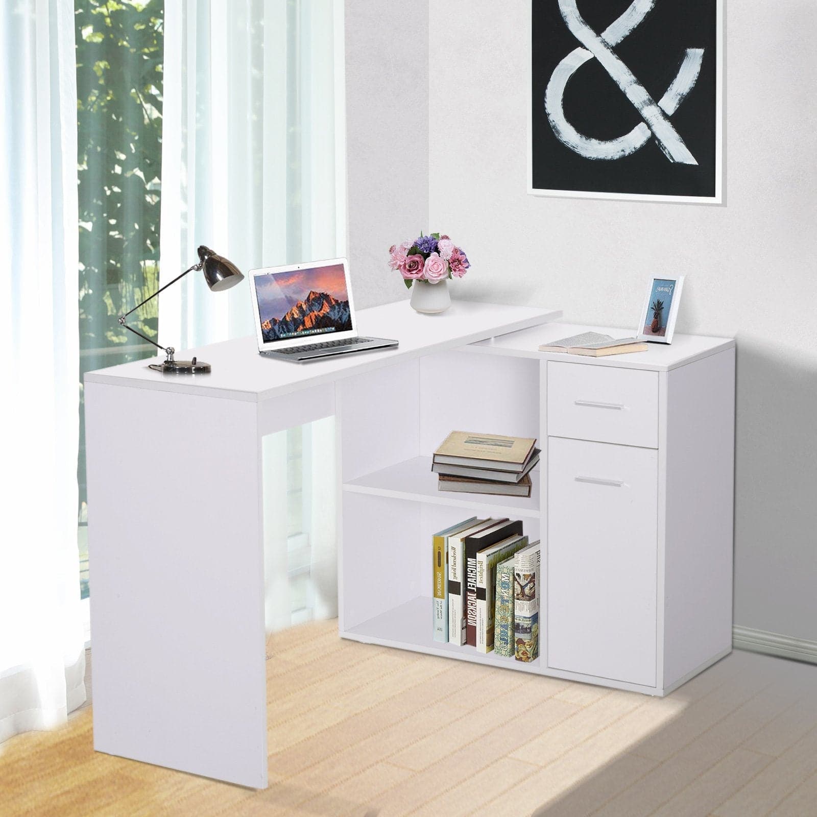 ProperAV Extra Rotating L-Shaped Corner Computer Desk with Storage Shelf Drawer Combo - maplin.co.uk