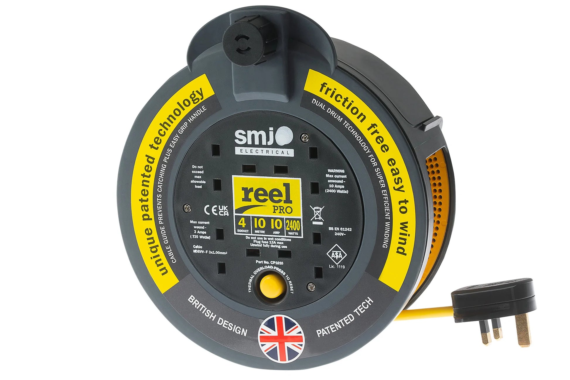 SMJ Electrical 4 Socket ReelPro Cassette 10A Friction Free Cable Reel - 10m - maplin.co.uk