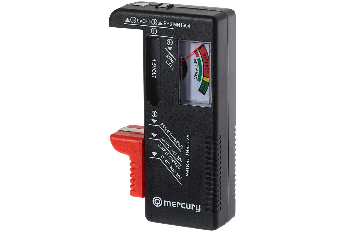 Mercury Universele Batterijtester – Analoog Display, Geschikt Voor AA, AAA, C, D, 9V & Knoopcellen, Compact & Handig
