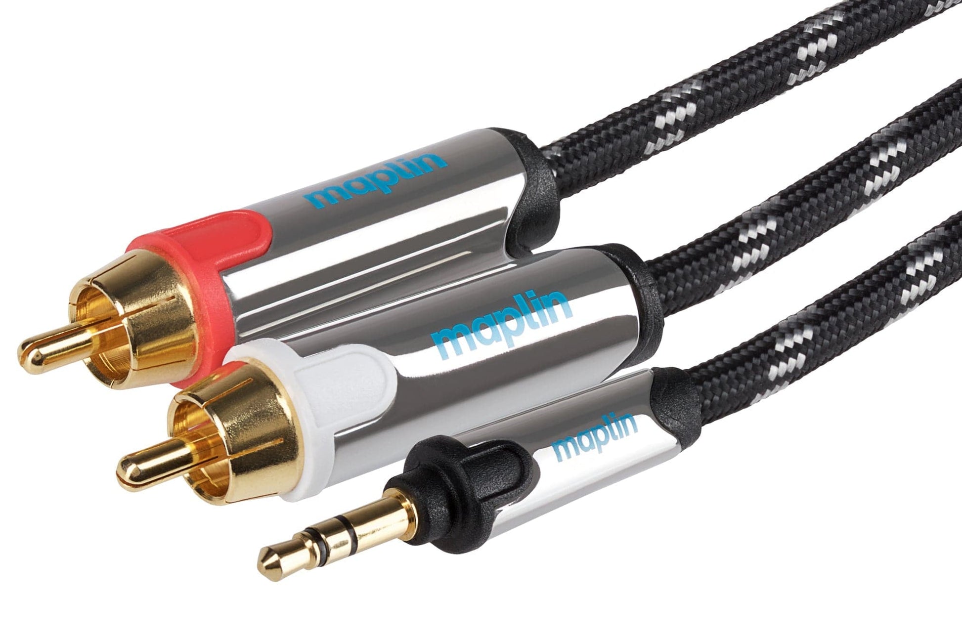 Maplin Pro 3.5mm Aux Stereo 3-Pole Jack Plug to Twin RCA Phono Braided Cable - Black, 5m - maplin.co.uk