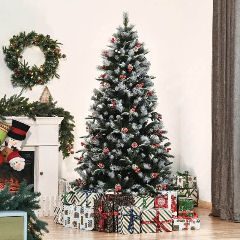 HOMCOM 6ft Snow Dipped Artificial Christmas Tree with Red Berries & White Pinecones - maplin.co.uk