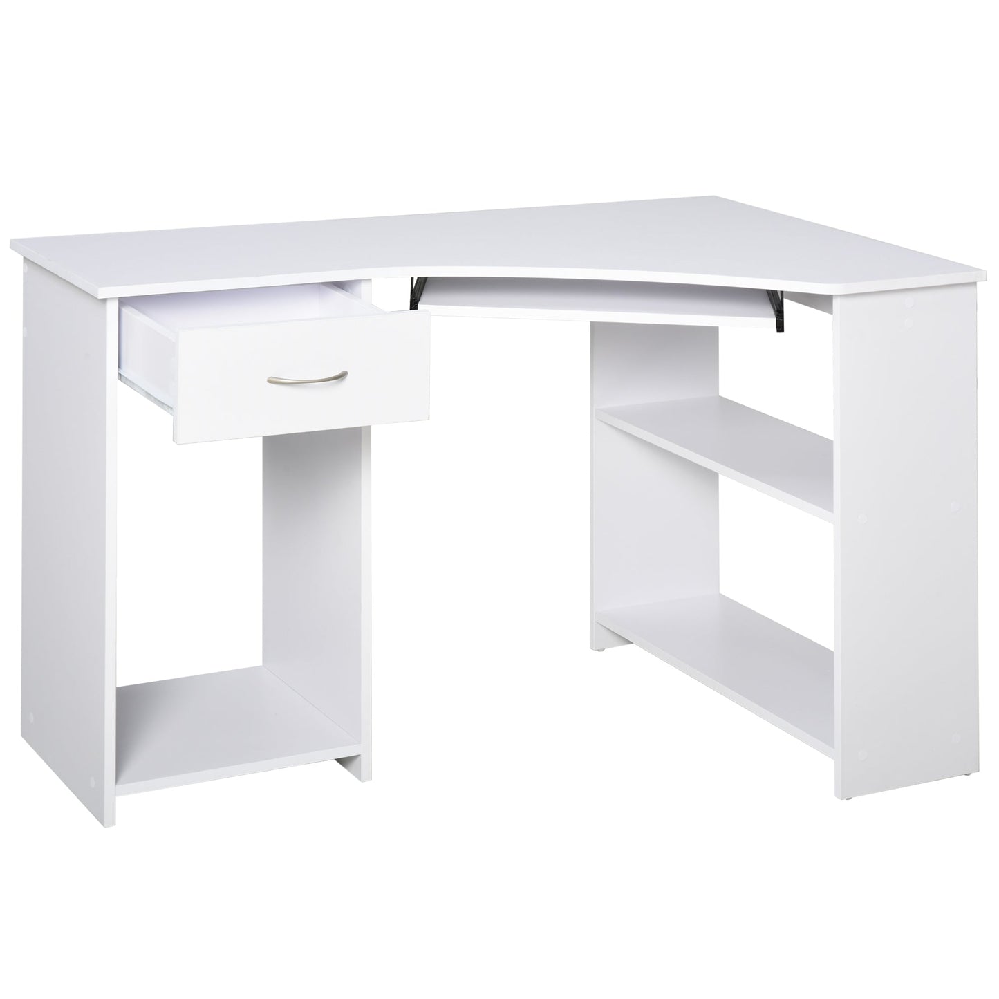 ProperAV Extra L-Shaped Corner Computer Desk & 2-Tier Side Shelves Wide Table Top with Keyboard Tray Office Study Bedroom Furniture - White - maplin.co.uk