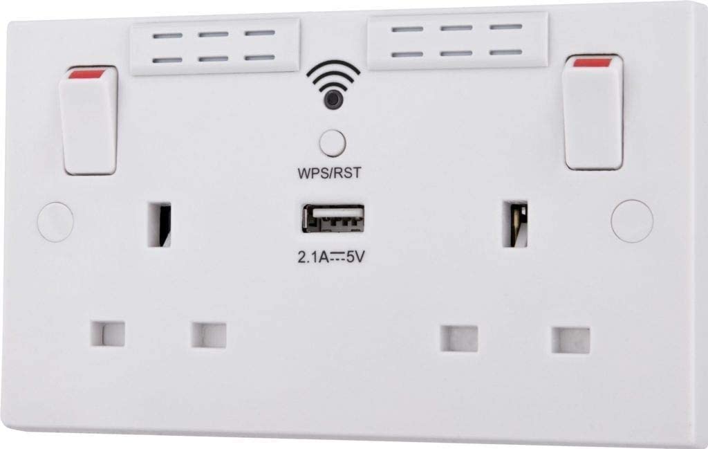 British General Round Edge 13A 2 Gang Switched Socket with Wi-Fi Extender + 1x USB-A 2.1A - White - maplin.co.uk