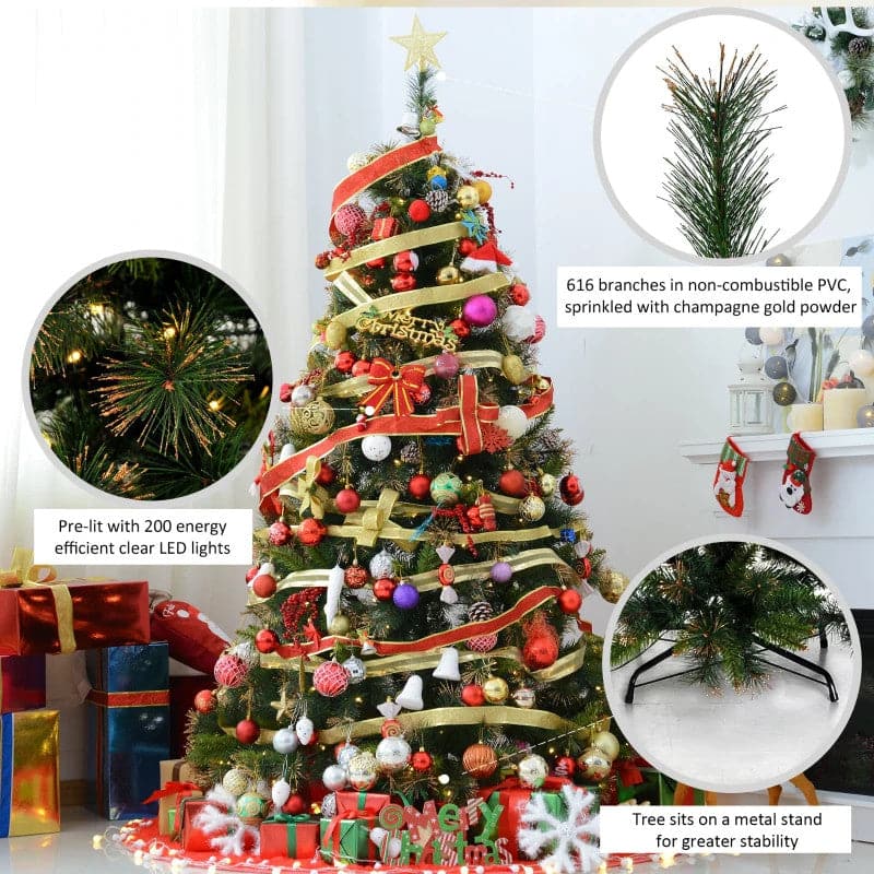 HOMCOM 1.8m Pre-Lit Artificial Christmas Tree with Metal Stand - maplin.co.uk