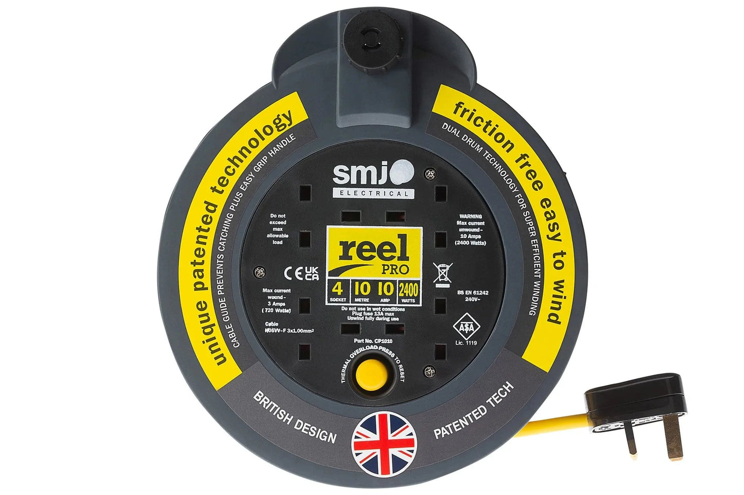 SMJ Electrical 4 Socket ReelPro Cassette 10A Friction Free Cable Reel - 10m