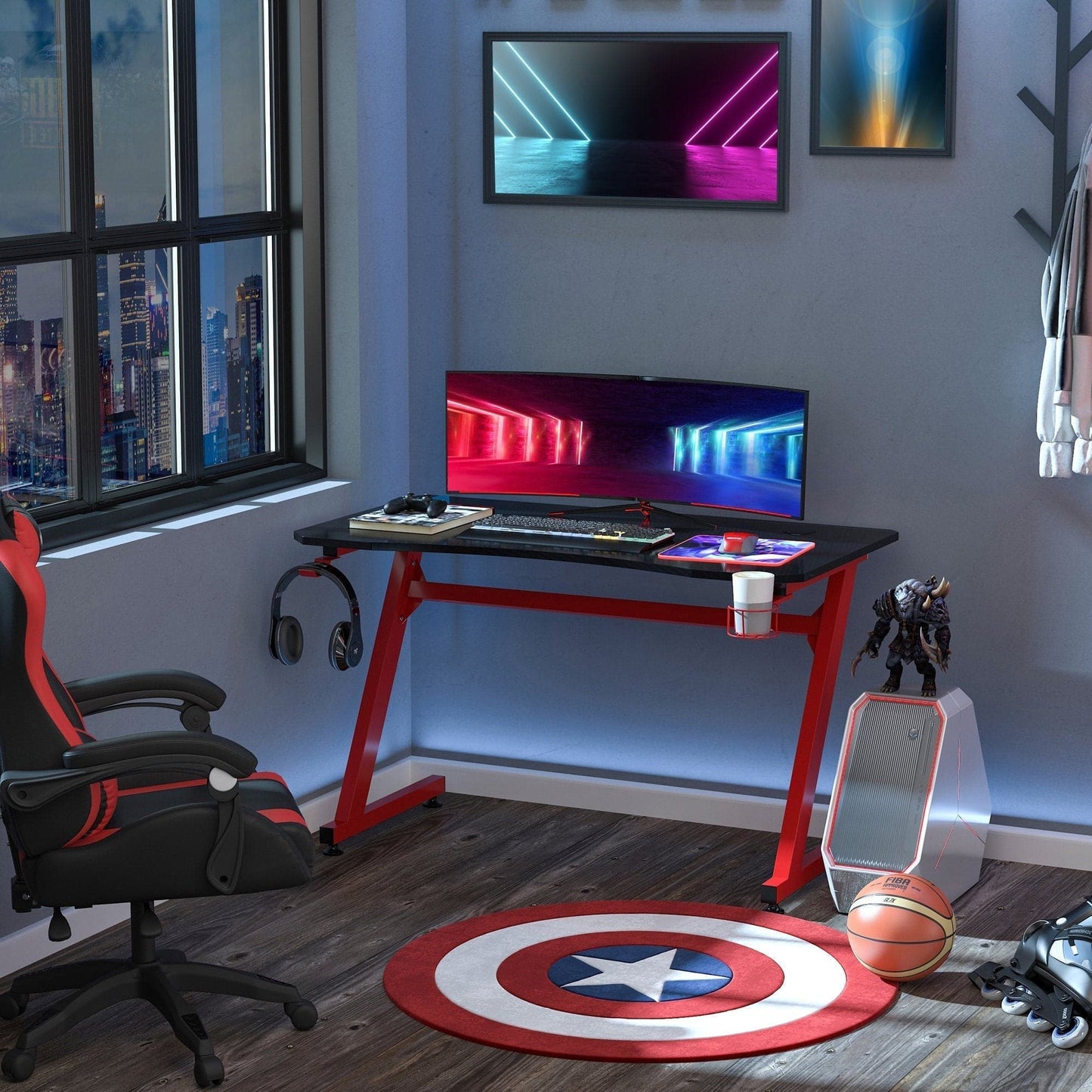 Maplin Steel Frame Gaming Desk Writing Table with Cup / Headphone Holder & Adjustable Feet - maplin.co.uk