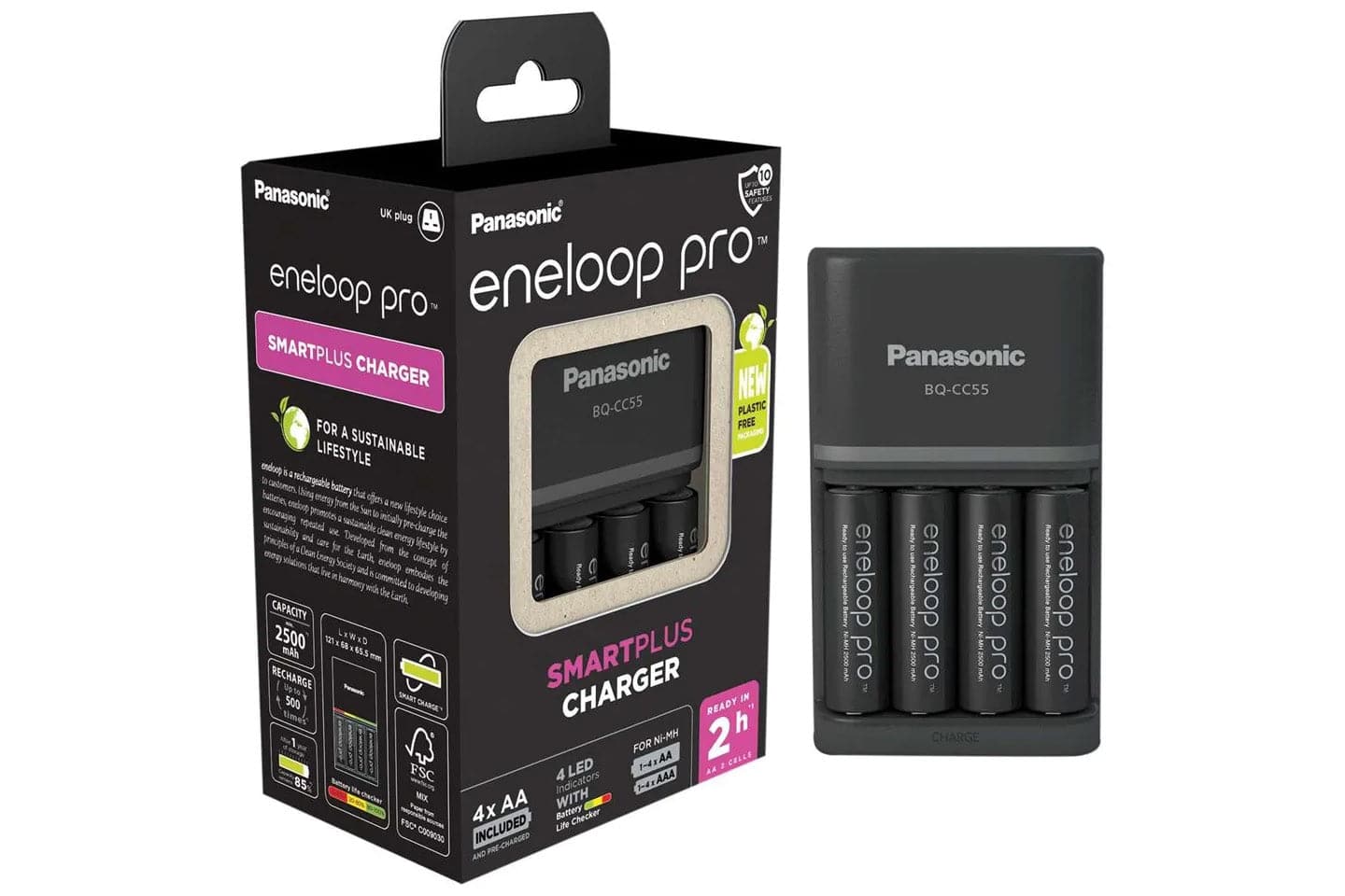 Panasonic ENELOOP BQ-CC55 UK Plug-in Charger with 4x AA 2500mAh Rechargeable Batteries