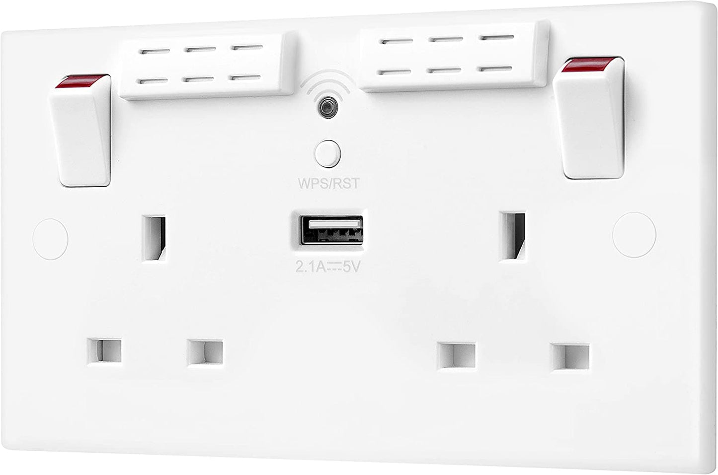 British General Square Edge 13A 2 Gang Switched Socket with Wi-Fi Extender + 1x USB-A 2.1A - White - maplin.co.uk