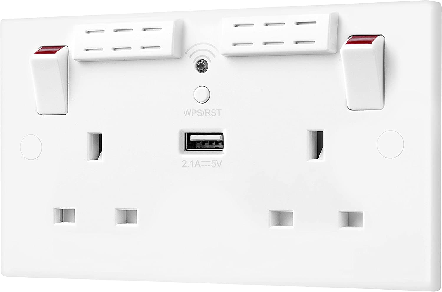 British General Square Edge 13A 2 Gang Switched Socket with Wi-Fi Extender + 1x USB-A 2.1A - White - maplin.co.uk