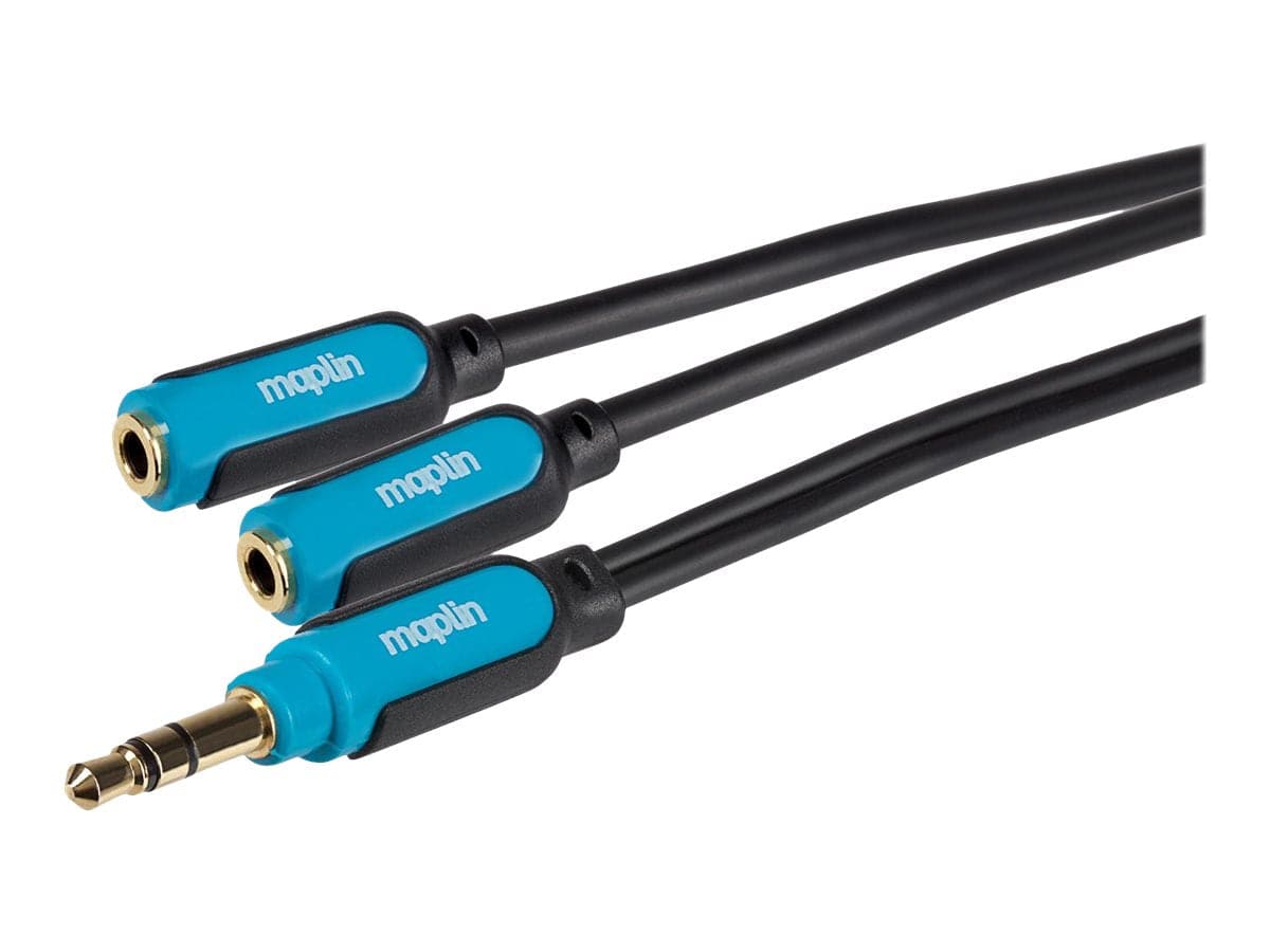 Maplin 3.5mm Aux Stereo 3-Pole Jack Plug to Twin 3.5mm Female Jack Plug Cable - Black, 0.25m - maplin.co.uk