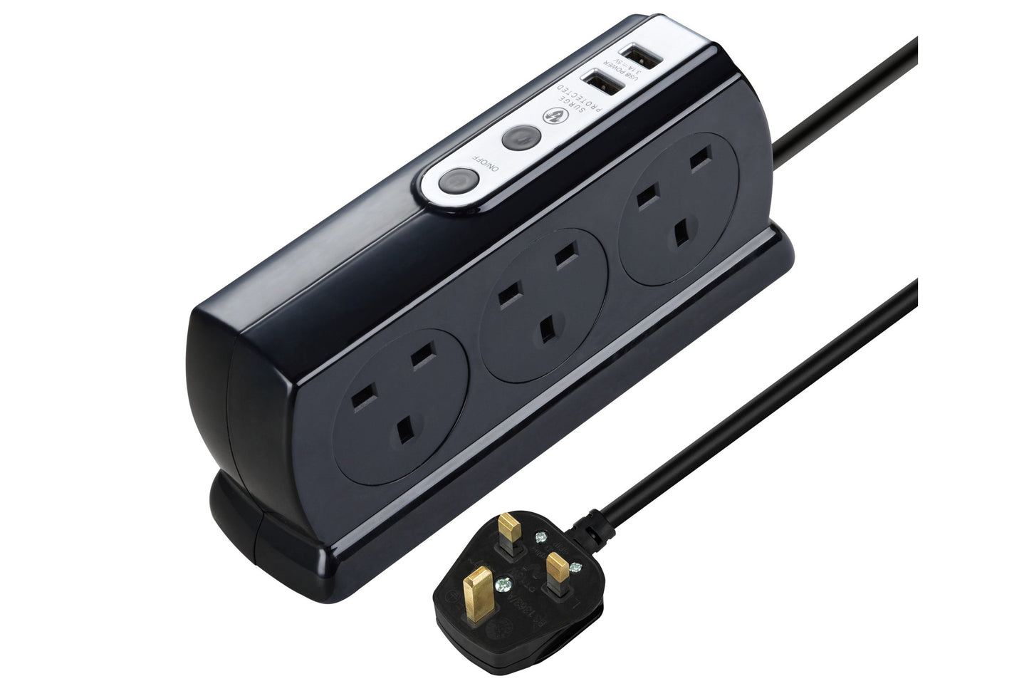 Masterplug 2m 6 Socket 13A plus 2x USB-A Ports Extension Cable Lead - Black - maplin.co.uk