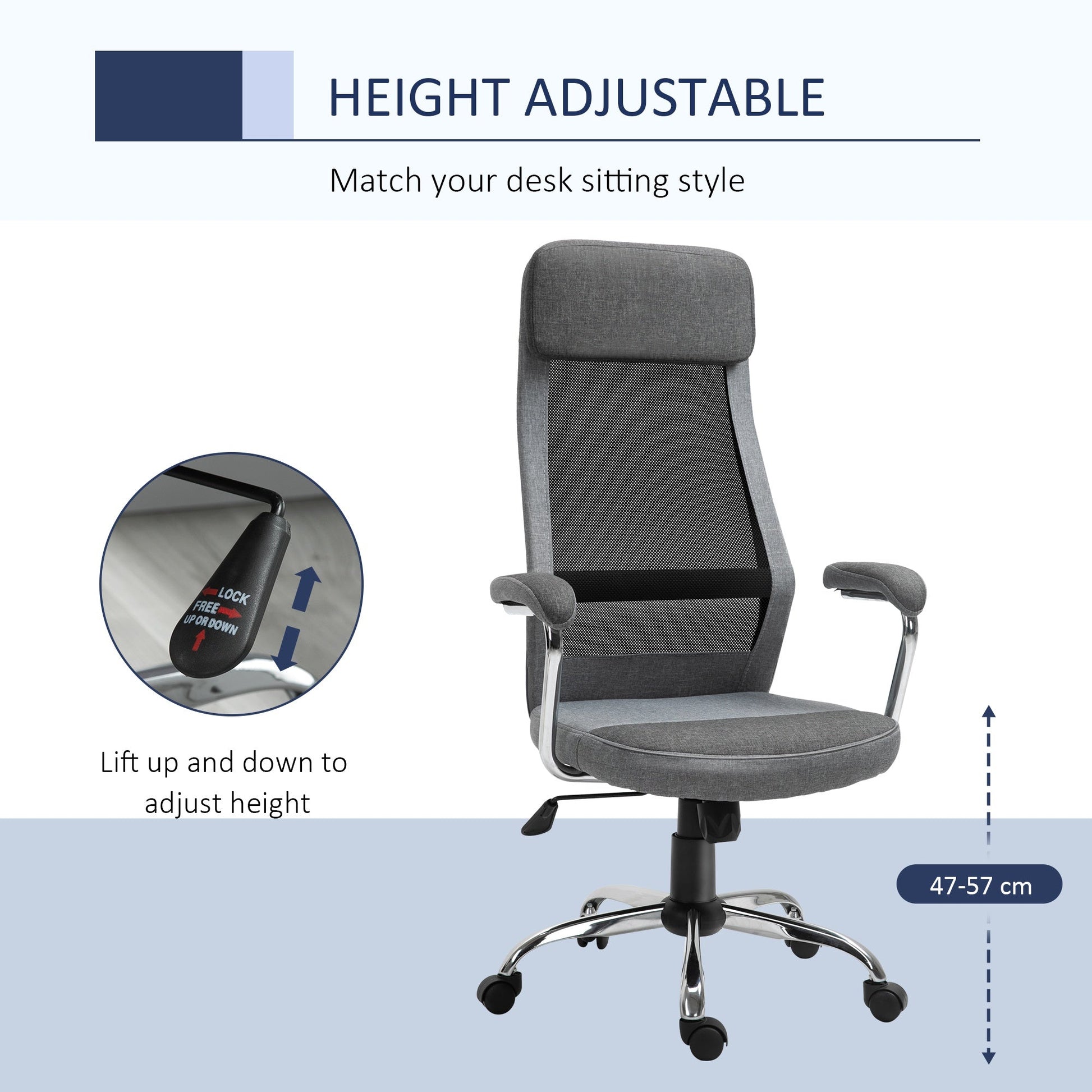 ProperAV Linen-Feel Mesh Fabric High Back Swivel Office Chair - Grey - maplin.co.uk
